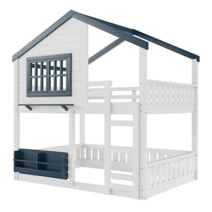 English Elm Full Bunk Bed with Trundle Bookshelf Storage Pine Frame Car Design for Kids White W1580S00552