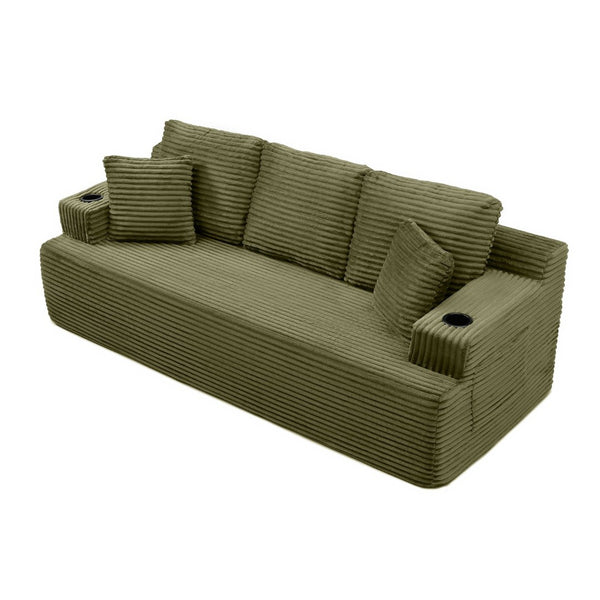 English Elm Boneless Floor Sofa Corduroy Upholstered 5 Seat Low Profile with Cup Holders for Living Room Green W1117S00434