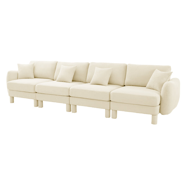 English Elm Boucle 4-Seater Sofa In Beige - Elegant Shell Armrests & Cylindrical Legs For Modern Living Spaces W3041S00279
