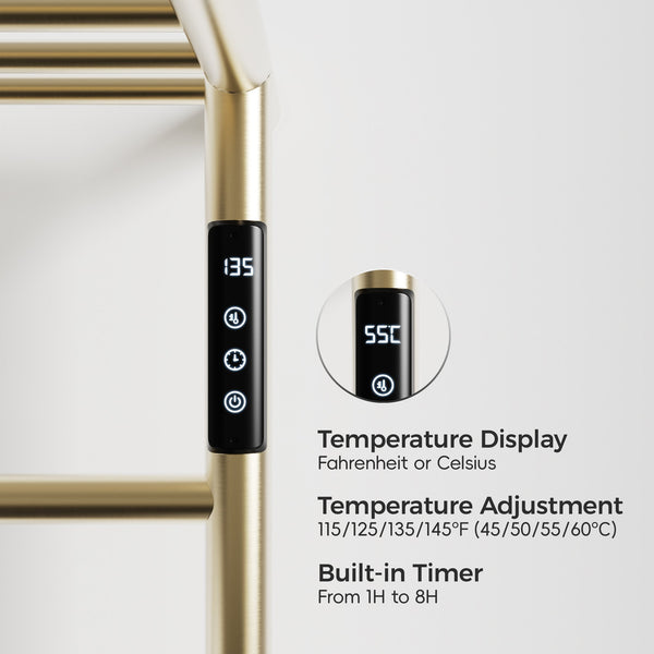 English Elm Heated Carbon-Fiber Towel Rack with Top Shelf and Timer, Rapid 3–7min Warmth, IPX4 Waterproof Brushed Gold T3177P305029