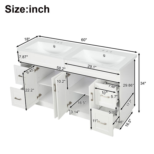 English Elm [video] 60 Inch Dual Sink Bathroom Vanity Mdf Cabinet Soft Close Doors Resin N729P000018K