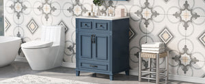 English Elm 24'' Retro Bathroom Vanity Solid Rubberwood Frame Ceramic Sink Soft Close Storage Blue N710P405405C
