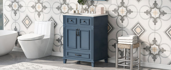 English Elm 24'' Retro Bathroom Vanity Solid Rubberwood Frame Ceramic Sink Soft Close Storage Blue N710P405405C