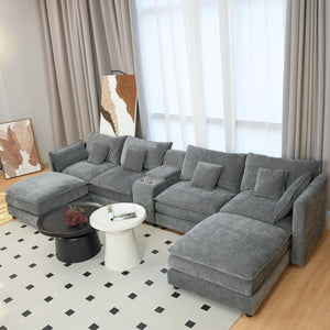 English Elm U Shaped Sectional Cloud Couch for Living Room 144" Plush Modular Sofa with Ottoman Storage Console Cupholders Grey W3276S00012
