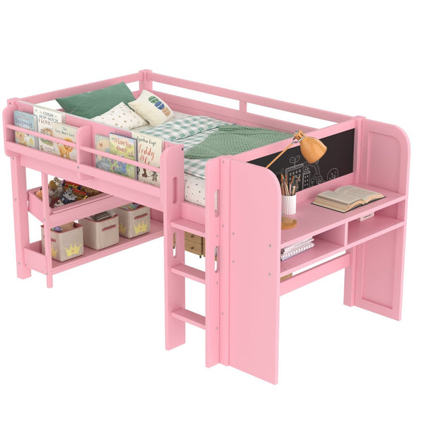 English Elm Twin Low Loft Bed Solid Pine Frame Kids Study Desk Blackboard Storage White W1580S00298