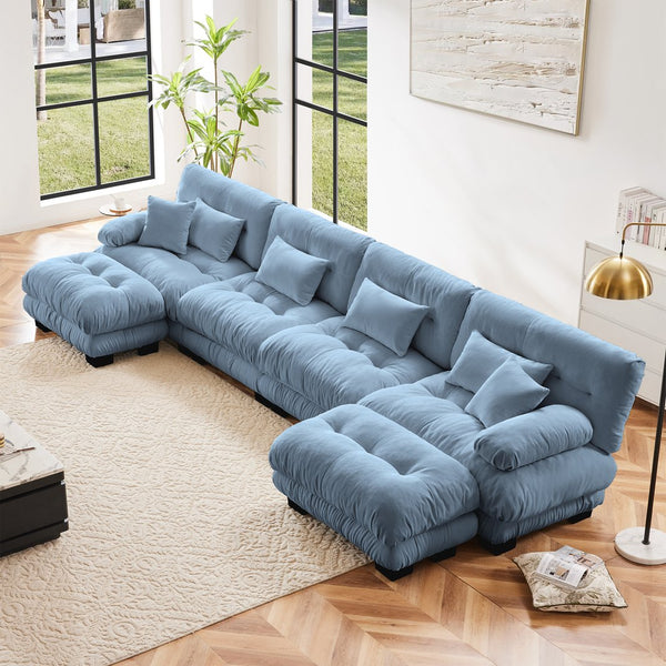 English Elm Free Modular Sectional Sofa - U-Shaped 4-Seater Couch With 2 Ottomans In Vintage Chenille Blue Fabric W714S01180