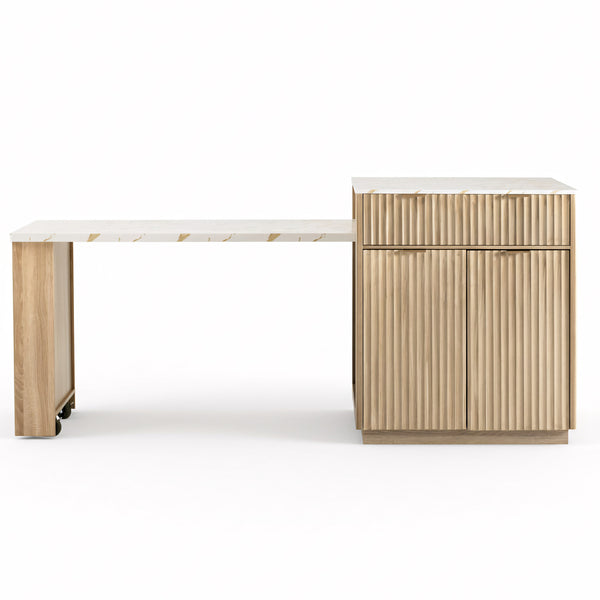 English Elm K&K Fluted Kitchen Island with Extendable Dining Table, Art Deco Mid-Century Design, Built-In Power Hub, Gold Handle Natural N707S000018Y