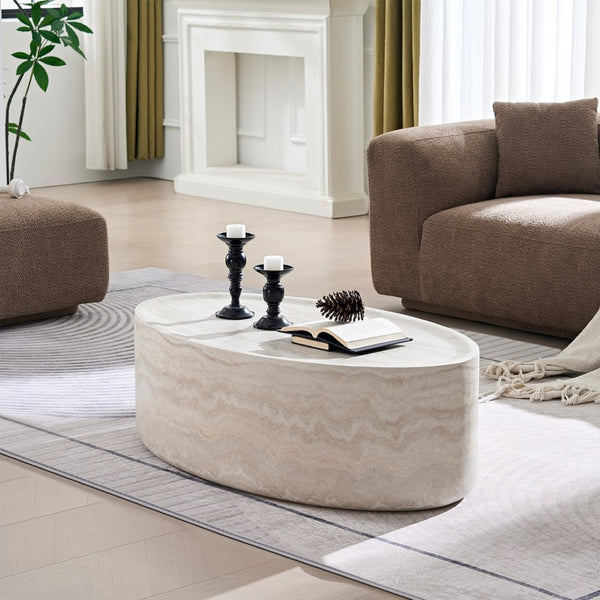 English Elm Modern Oval Travertine Coffee Table Low Profile Fiberglass Living Room Accent W2085P391862