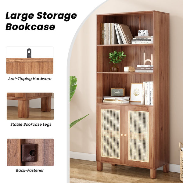English Elm Tall Rattan Door Bookcase with 5 Shelves — Stylish Tall Storage Shelf for Living Room Office LibraryBedroom Natural T3623P379909
