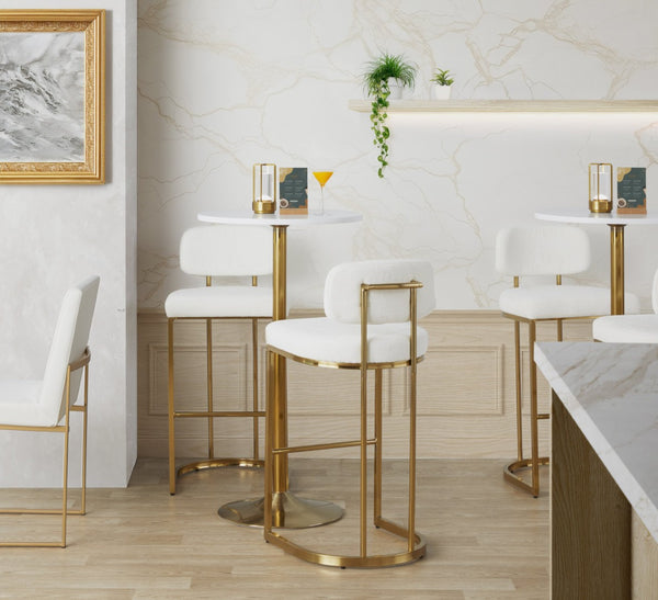 English Elm Fixed-height Barstools Powder Coated Steel Frame Brown Upholstered Seat Set of Two Gold+Creamy White B202P471218