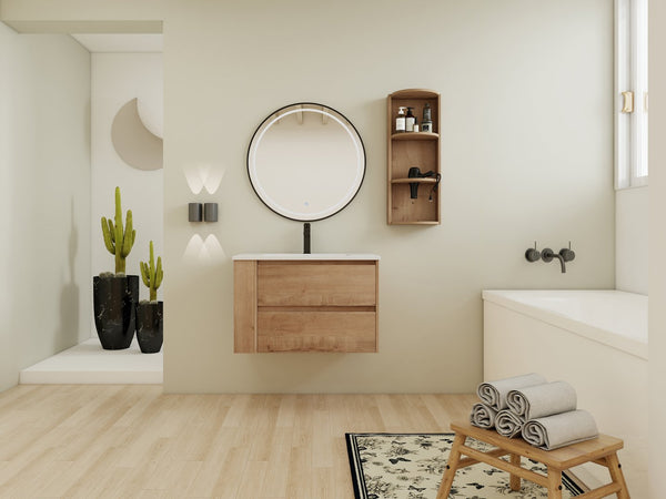 English Elm 30" Wall-Mounted Bathroom Vanity With Ceramic Sink, 2 Soft-Close Drawers & Space-Saving Rack W999S00343