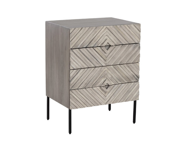 Sunpan NOEMI Nightstand - Handcrafted Grey Mango Wood with Black Steel Base, Exotic Four-Drawer Storage Solution 107342