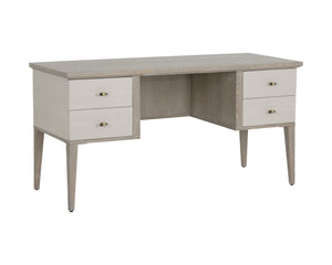 Sunpan Pattinson Desk – Classic White Ceruse Oak with Oyster Shagreen Drawers & Antique Brass Handles