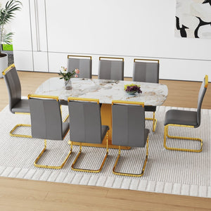 English Elm Table Luxurious 9-Piece Dining Set With Patterned Glass Top And Golden Legs, 8 Dark Gray Pu Chairs W1151S03236-GIGA