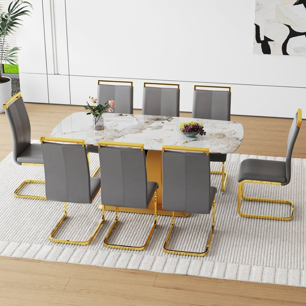 English Elm Table Luxurious 9-Piece Dining Set With Patterned Glass Top And Golden Legs, 8 Dark Gray Pu Chairs W1151S03236-GIGA