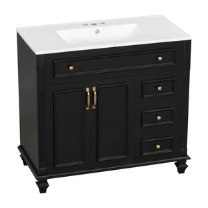 English Elm 36" Modern Bathroom Vanity with Ceramic Sink, Gold Handles, Flip-Out Drawer & Soft-Close Doors Black N725P283623B