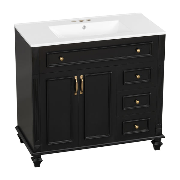 English Elm 36" Modern Bathroom Vanity with Ceramic Sink, Gold Handles, Flip-Out Drawer & Soft-Close Doors Black N725P283623B