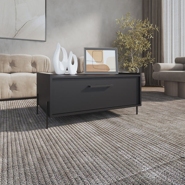 English Elm Shan Modern 15.6" Coffee Table in Black with Pull-Down Cabinet and Open Shelf, Compact Storage B200P253723