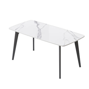 English Elm 62.99" Modern Artificial Stone Dining Table With Curved White Top & Black Metal Legs For 6 People W1535S00515