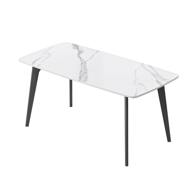 English Elm 62.99" Modern Artificial Stone Dining Table With Curved White Top & Black Metal Legs For 6 People W1535S00515