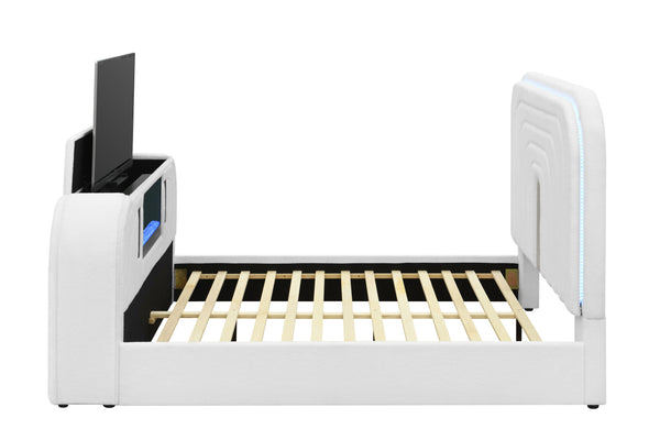 English Elm Shelyn Plush Teddy Sherpa EK Bed with LED Headboard, Built-In Fireplace, TV Lift and Bluetooth Speaker White 85.83 L x 12.6 W x 6.61 H B2726S00478