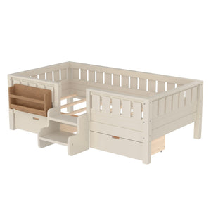English Elm Twin Kids Storage Bed with Bookshelf Headboard Safety Staircase and Under Drawers Beige W1580P379183