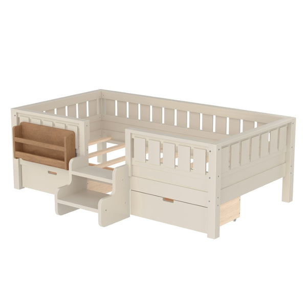 English Elm Twin Kids Storage Bed with Bookshelf Headboard Safety Staircase and Under Drawers Beige W1580P379183