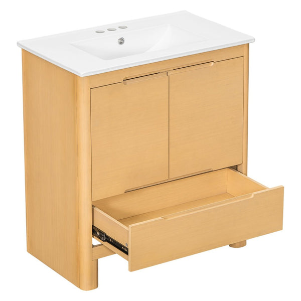 English Elm [video] 30 Inch Freestanding Bathroom Vanity Pine Legs Ceramic Sink Soft Close Storage Oak N759P412928O