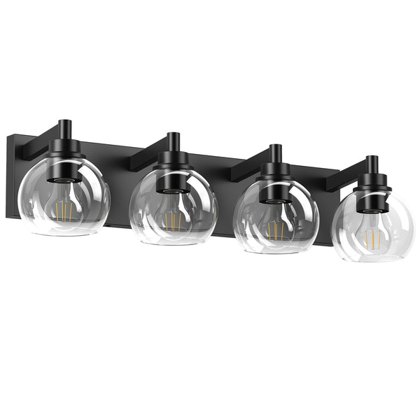 English Elm Industrial 4-Light Bathroom Vanity Light Matte Black with Clear Glass Globes, Modern Powder-Coated Fixture for Mirror Lighting (Bulbs Not Included) W1340P353040