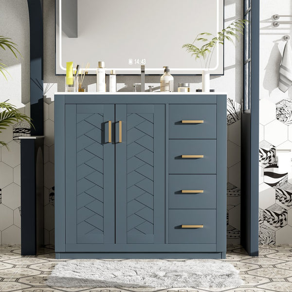 English Elm 36'' Bathroom Vanity with Ceramic Sink Combo Solid Wood Frame Soft-Closing Drawers Ample Storage Elegance Blue N710P243327C