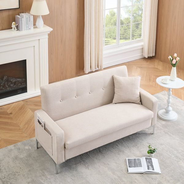 English Elm 57-inch Velvet Double Sofa with Built-In Storage, Solid Wood Frame, Silver Legs, 350lb Capacity and Modern Compact Design Beige W3356P346854