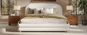English Elm Queen Boucle Upholstered Bed Sculpted Arch Headboard Solid Wood Legs Boutique Style N757Q380929W