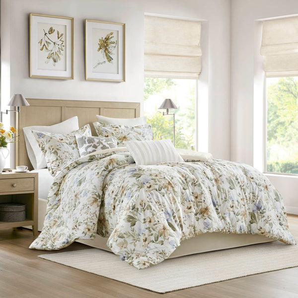 JLA Home Harbor House Blue - 6 Piece Cotton Sateen Print Oversized Comforter Set with Floral Embroidery, 300TC, Oeko-Tex, Plush HH10-1877