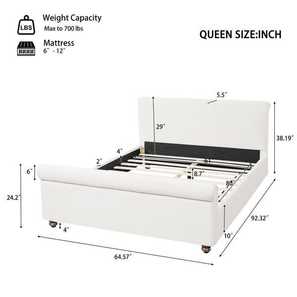 English Elm Queen Linen Upholstered Bed Frame Thick Rolled Headboard Solid Rubberwood Legs Bedroom White N757Q384827W