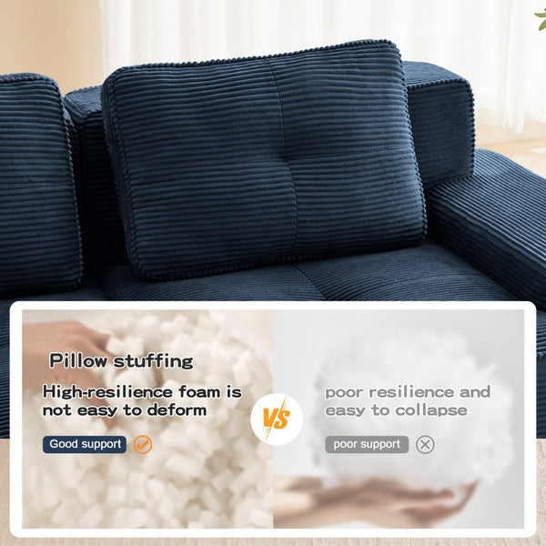 English Elm Modern Corduroy Sectional Sofa Deep Seat V Shape Tufted Couch with Movable Ottoman Blue W714S01579