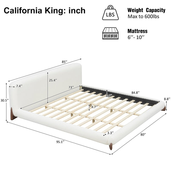 English Elm California King Boucle Platform Bed Curved Wraparound Frame Solid Wood Legs N757C400500W