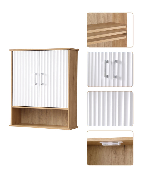 English Elm Bathroom Wall Cabinet White & Natural Wood with Wavy Doors, Adjustable Shelf, Bottom Storage, Easy Install W3151P288945