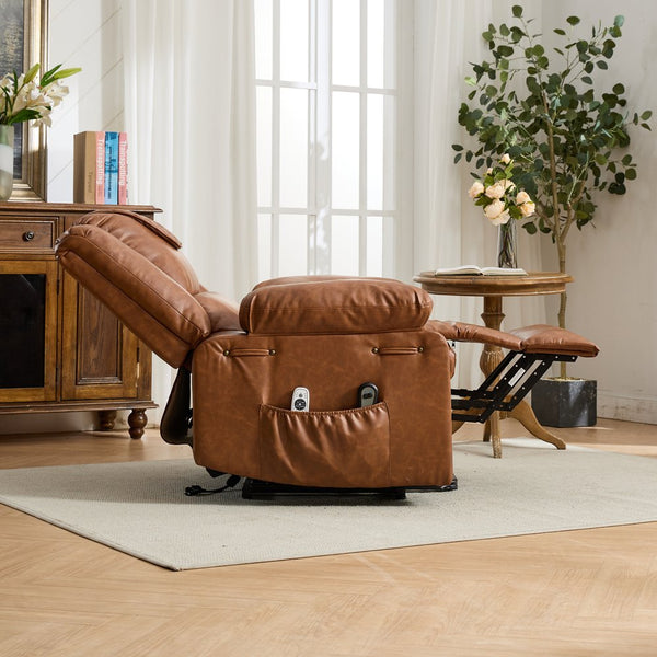 English Elm Brown PU Remote-Controlled Heating Massage Recliner for Seniors with Assist Lift, Cup Tray & Remote Controls W570P320458