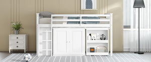 English Elm Twin Loft Bed Rubberwood Frame Pull Out Desk Storage Cabinet and Shelf Kids Room White W504S00288