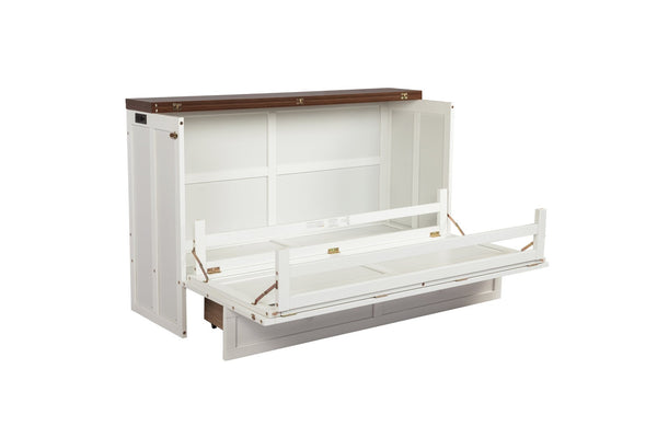 English Elm Murphy Cabinet Queen Bed Solid Pine Frame with Built-in Charging Station for Guest Rooms White+Walnut W504S00193