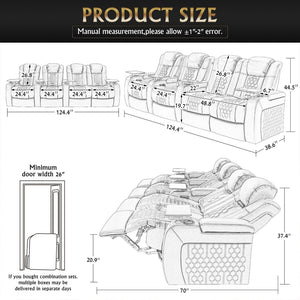 English Elm 124.4"power Reclining Sectional Nappa Leather Home Theater Rgb Led 4 Seat W3819S00105