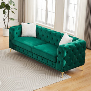 English Elm Fx Chesterfield Velvet Sofa with Diamond Tufting Polished Legs and Accent Pillows Green W1926S00081