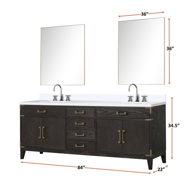 English Elm Brown Oak Double Bath Vanity Set With White Quartz Top, Chrome Faucets & 36" Mirrors For Elegance B2731S01879