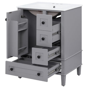 English Elm 24-inch Matte Bathroom Vanity Rubberwood Cabinet with Ceramic Sink and Soft-close Drawers Grey N729P377516E