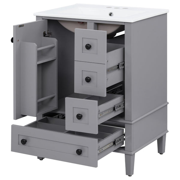 English Elm 24-inch Matte Bathroom Vanity Rubberwood Cabinet with Ceramic Sink and Soft-close Drawers Grey N729P377516E
