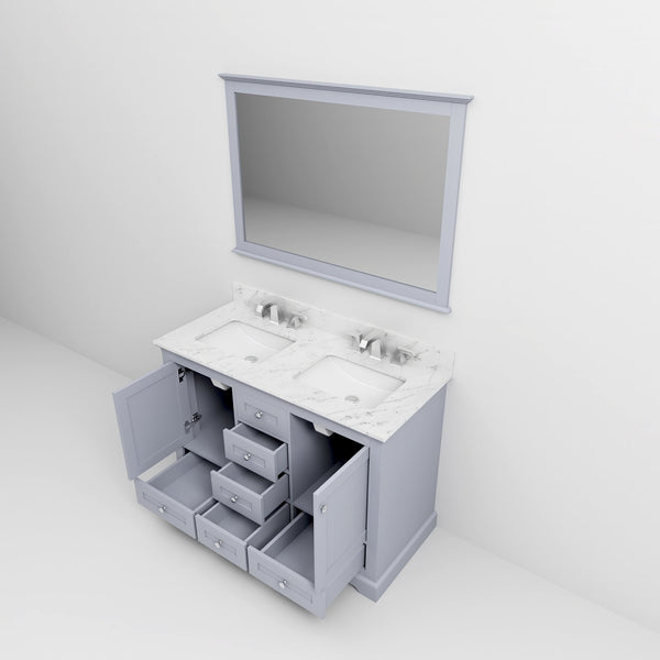 English Elm Dark Grey Double Bath Vanity 48" W x 22" D with Carrara Marble Top, Chrome Faucet & 46" Mirror, Durable B2731S00976