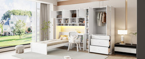 English Elm Wooden Twin Loft Bed with Built-in Desk Wardrobe Storage Drawers and Led Lighting N820S00069K