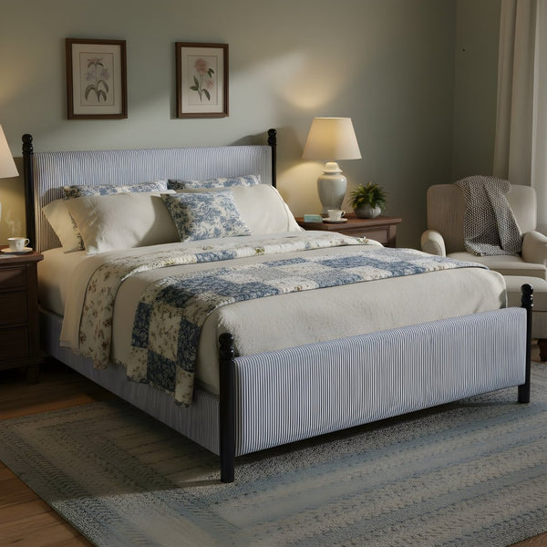 English Elm 48-inch Rubberwood Upholstered Queen Bed Vintage Sphere Post Padded Headboard N769P364062B