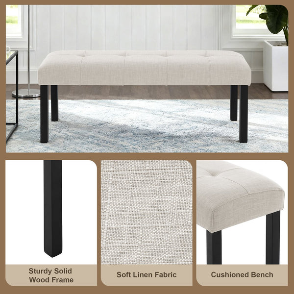 English Elm Modern Tufted Linen Dining Bench with Button-Tufted Seat and Rubber Wood Legs for Entryway Seating Beige N752P317335A