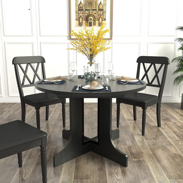 English Elm Dining Table Expandable 43–59" Oval with Removable Leaf, X-Base Farmhouse Style Oak Veneer Black – Seats 6 W1347P202405